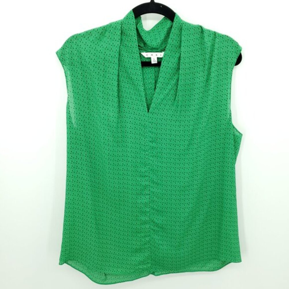 CAbi Silk-Blend Drapey Sleeveless Micro Dot Blouse/Shell Top L Green
